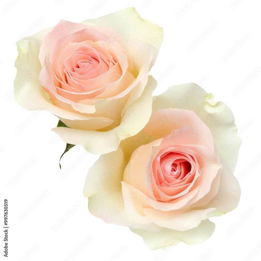two pink roses isolated on white background closeup. Rose flower bouquet in air, without shadow. Top view, flat lay. two pink roses isolated on white background closeup. Rose flower bouquet in air, without shadow. Top view, flat lay.