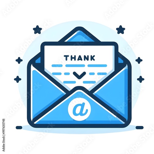 Letter in an envelope with thanks or thank you on white background icon. Send to email, mail. Blue. Flat design. On white background