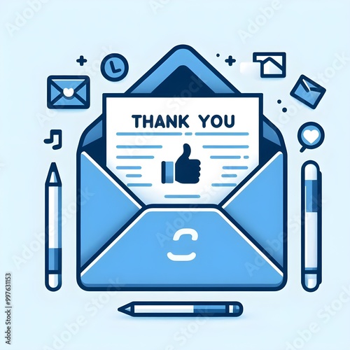 Letter in an envelope with thanks or thank you on white background icon. Send to email, mail. Blue. Flat design. On white background