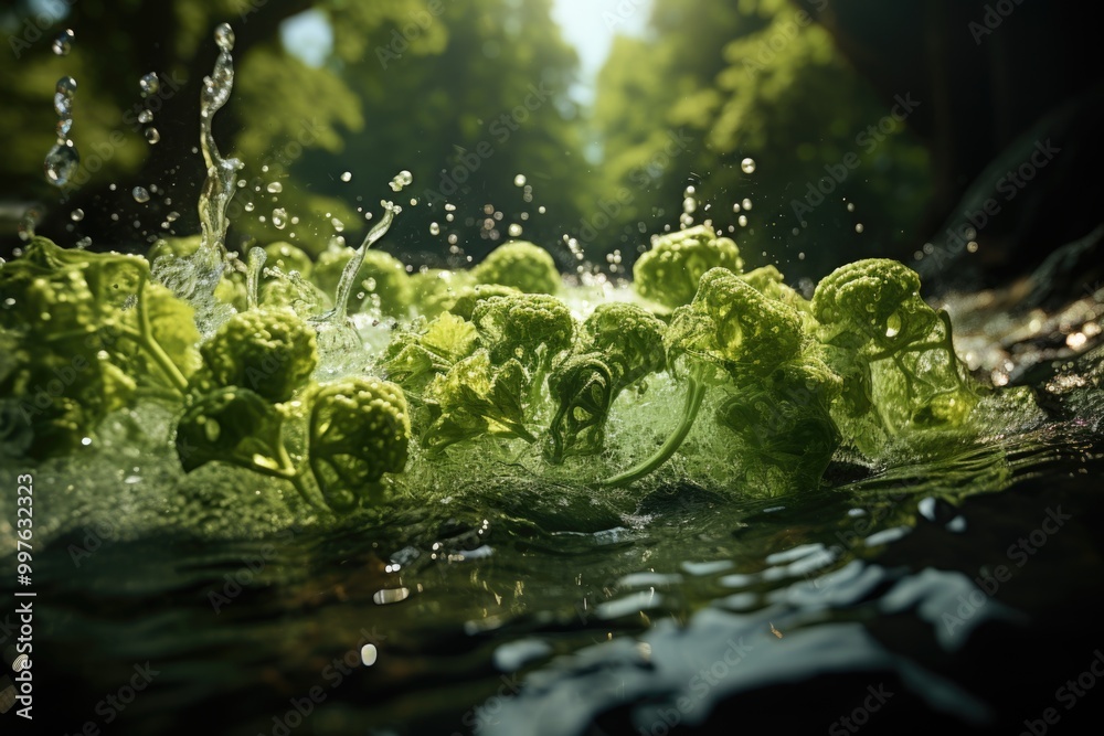 Green broccoli fall into the water, generative IA Green broccoli fall into the water, generative IA