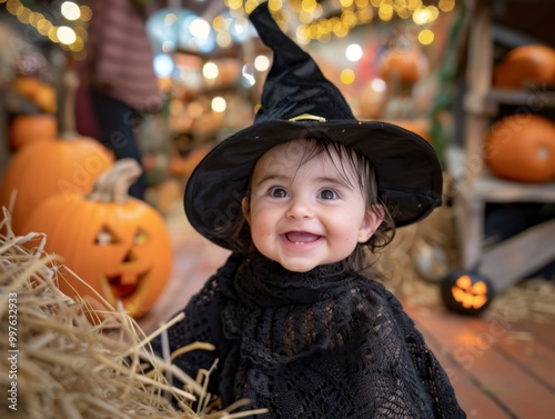 Cute Baby Dressed as a Witch, Smiling in Halloween Scene with Pumpkins and Lights.