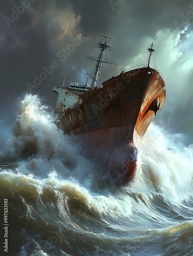 A cargo ship navigates high waves in a storm in rough seas.
