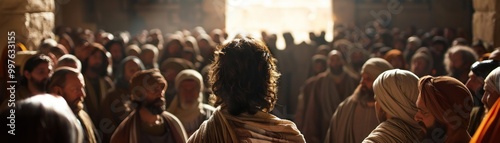 Jesus and the woman accused of adultery standing in the temple courts photo