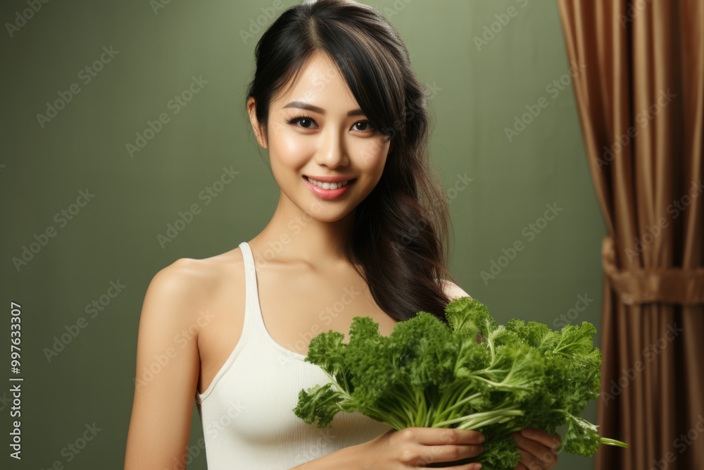 Close Up of Asian Woman holding broccoli, but eating tasty white bunny studio ba, generative IA Close Up of Asian Woman holding broccoli, but eating tasty white bunny studio ba, generative IA
