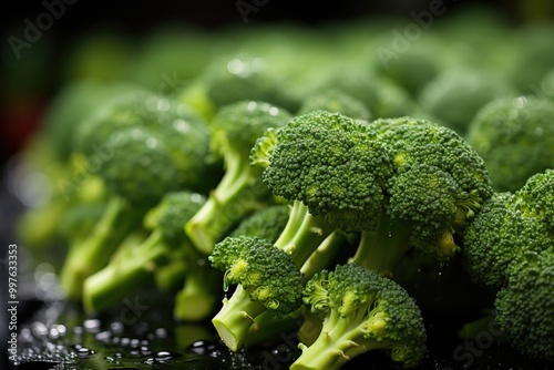 Mature and fresh broccoli close up. Healthy green organic crus broccoli buttons,, generative IA photo