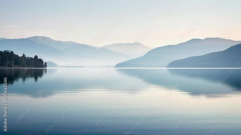 Serene lake reflecting misty mountains. Serene lake reflecting misty mountains.