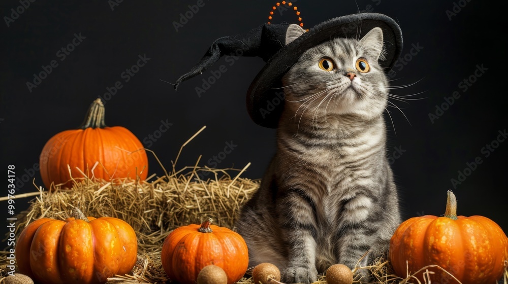 Scottish Fold Cat Wearing Cute Witch Hat, Surrounded by Halloween Decorations on Black Background. Scottish Fold Cat Wearing Cute Witch Hat, Surrounded by Halloween Decorations on Black Background.