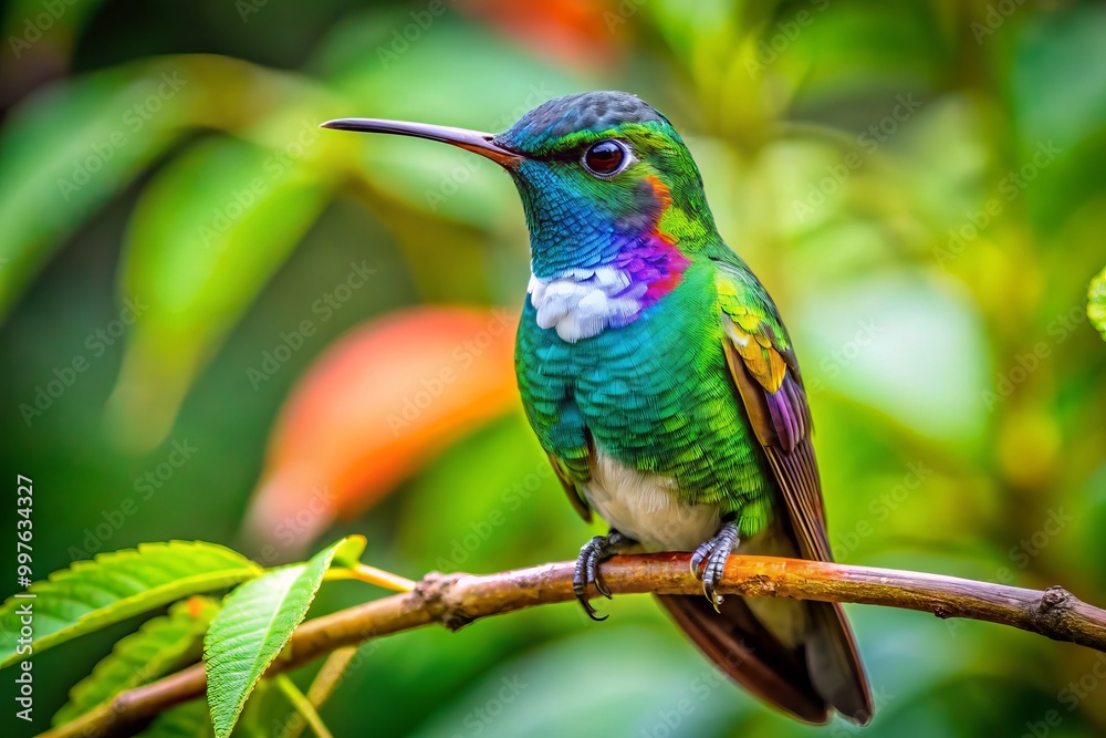 An exquisite white hummingbird sits on a branch, surrounded by rich, green foliage, embodying the serenity and elegance An exquisite white hummingbird sits on a branch, surrounded by rich, green foliage, embodying the serenity and elegance