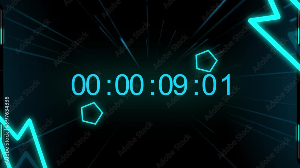 Neon blue countdown timer on a dark, dotted wave background, “STREAM”. Neon blue countdown timer on a dark, dotted wave background, “STREAM”.