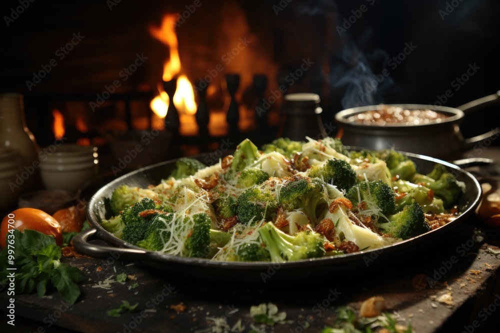 Sprinkled pasta and fresh broccoli on the marble surface, generative IA Sprinkled pasta and fresh broccoli on the marble surface, generative IA