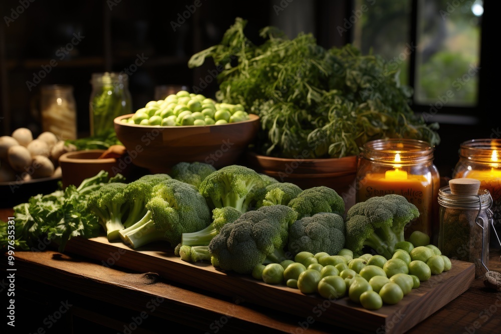 Pieces of broccoli arrangement with vegetarian letters on the wooden table, generative IA