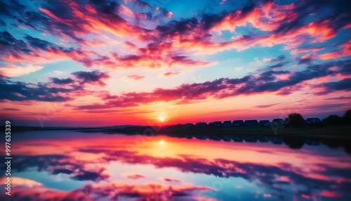 Serene sunset reflection of trees and houses on a calm river under a breathtaking orange and purple sky