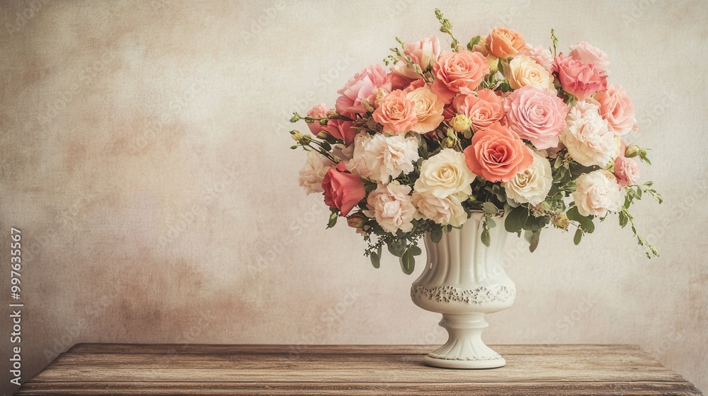 A stunning arrangement of roses and carnations fills a vintage ceramic vase, enhancing the charm of the antique wooden table. Generative AI