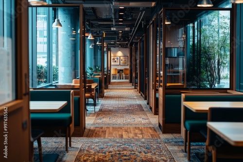 A quiet study area in the office library equipped with soundproof booths for focused work, Generative AI