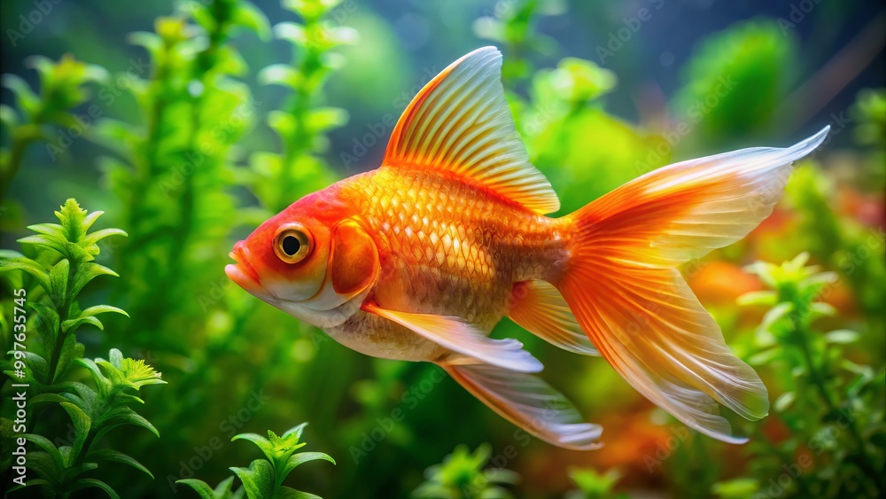 A radiant goldfish glides gracefully through a pristine aquarium, surrounded by flourishing green aquatic plants that