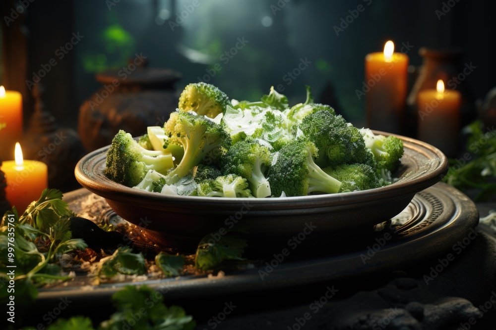 White healthy broccoli dish in a stone background., generative IA White healthy broccoli dish in a stone background., generative IA