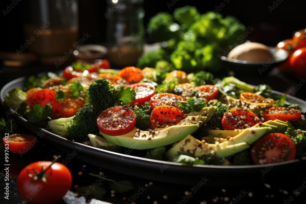 Healthy salad meal with quinoa broccoli and tomato, generative IA Healthy salad meal with quinoa broccoli and tomato, generative IA