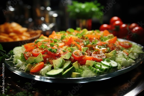 Salad of vegetables with chopped cabbage, carrots, tomato slices, lettuce and br, generative IA