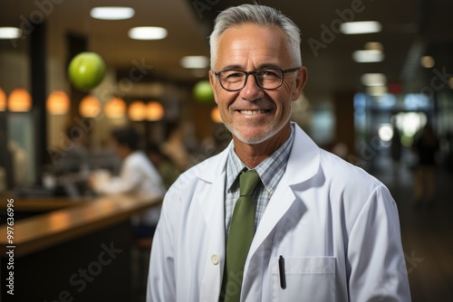 Smiling, male, happy doctor, offering, apple, and broccoli, generative IA