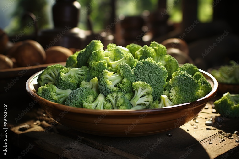A bowl of fresh raw broccoli ready to cook served on a wooden bottom., generative IA A bowl of fresh raw broccoli ready to cook served on a wooden bottom., generative IA