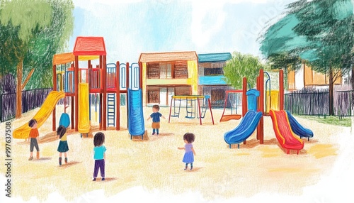 Wallpaper Mural Children playing in the illustration playground. Illustration using crayon texture style. Perfect for children's books, cover, websites, and more. Torontodigital.ca