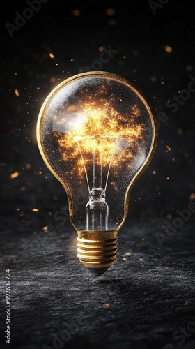 A glowing light bulb illuminating against a dark background, symbolizing innovative and creative ideas with sparks inside.