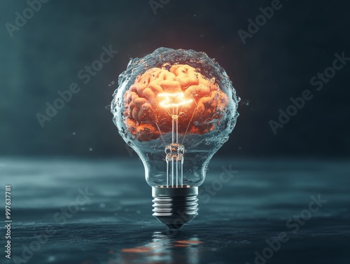 A lightbulb with a brain inside glows amidst a dark background, symbolizing innovation and creativity.