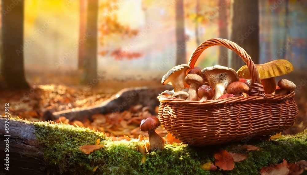 A captivating photoshoot of a medley of edible wild mushrooms arranged in a rustic basket, set against a slightly foggy fall forest backdrop, beautifully captured with a 50mm lens. A captivating photoshoot of a medley of edible wild mushrooms arranged in a rustic basket, set against a slightly foggy fall forest backdrop, beautifully captured with a 50mm lens.