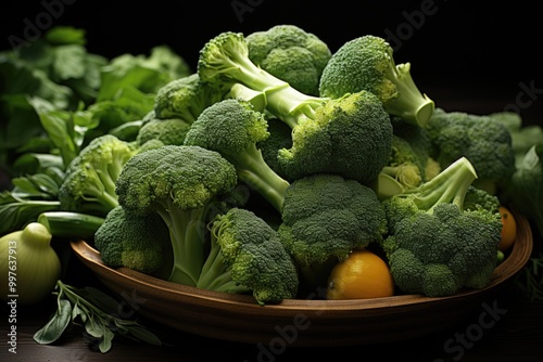 View from top fresh green broccoli with fresh vegetables on the dark table matur, generative IA photo