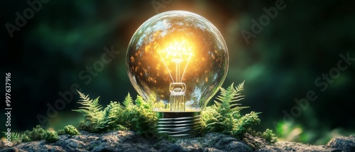 Light bulb glowing amongst green plants and moss, symbolizing eco-friendly energy and innovation.