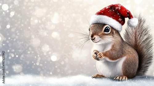 A realistic and adorable fluffy squirrel wearing a festive Christmas hat, perched playfully on a snow-covered branch. This charming scene captures the essence of the holiday season, 