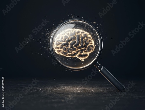 Magnifying glass focusing on a glowing brain model against a dark background.