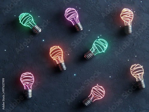 Neon light bulbs arranged in creative pattern on dark background, glowing vibrant colors.