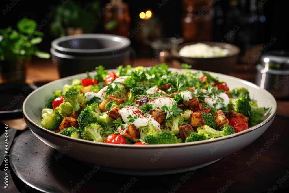 Side view of fresh broccoli salad on a white bowl on the table, generative IA Side view of fresh broccoli salad on a white bowl on the table, generative IA