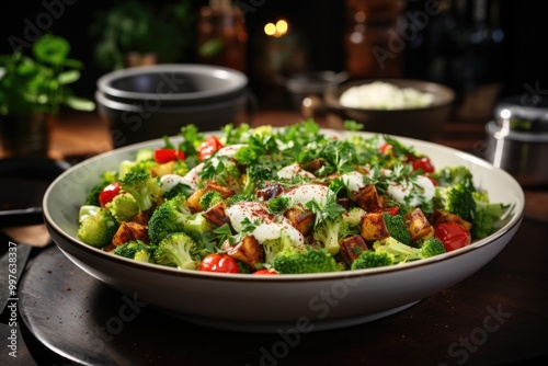 Side view of fresh broccoli salad on a white bowl on the table, generative IA