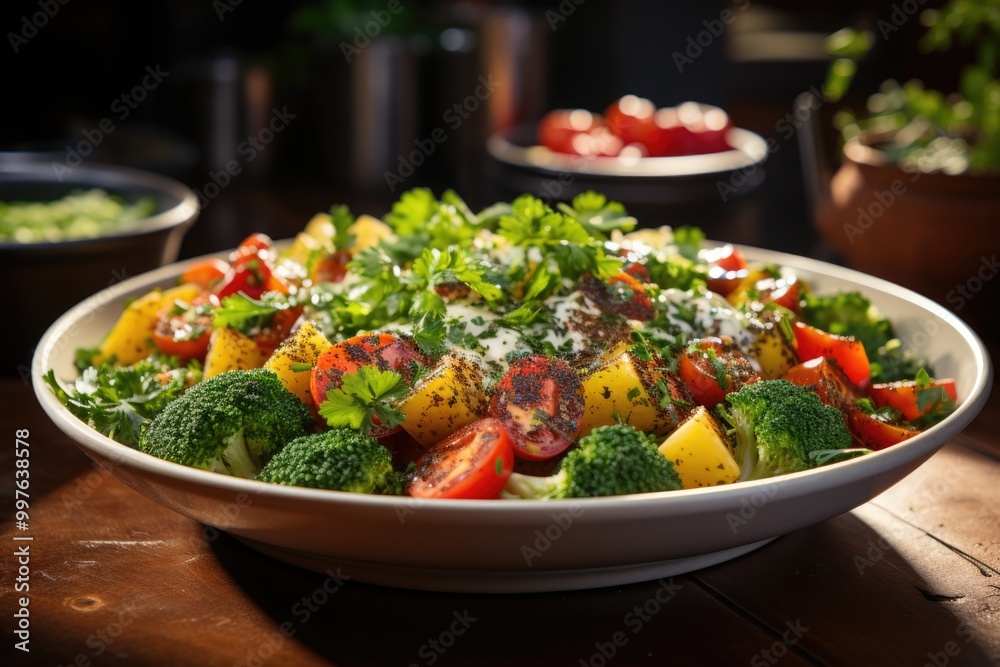 Side view of fresh broccoli salad on a white bowl on the table, generative IA Side view of fresh broccoli salad on a white bowl on the table, generative IA