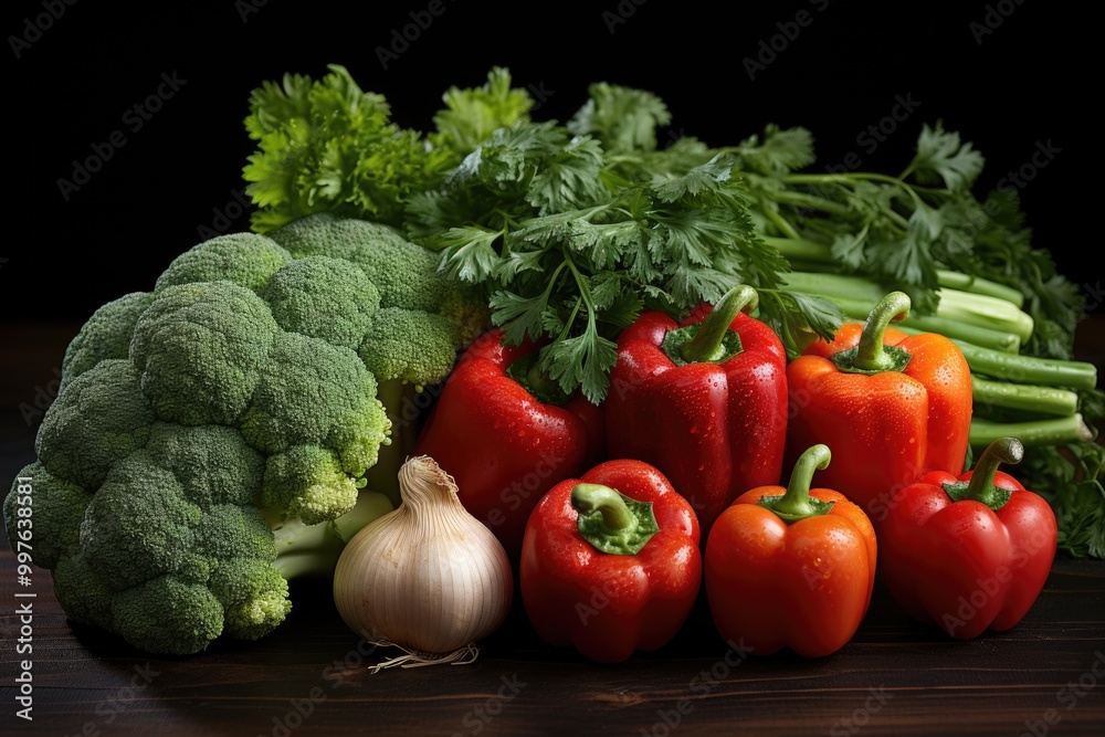 Side view of ripe fresh vegetables colored pepper tomato garlic broccoli and gre, generative IA Side view of ripe fresh vegetables colored pepper tomato garlic broccoli and gre, generative IA
