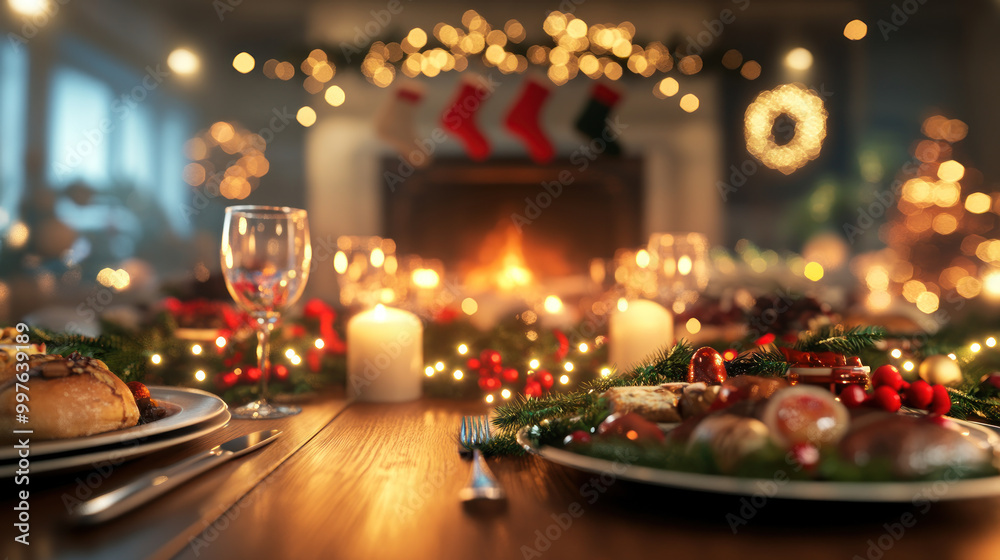 cozy Christmas dinner setting with festive decorations and warm lights cozy Christmas dinner setting with festive decorations and warm lights