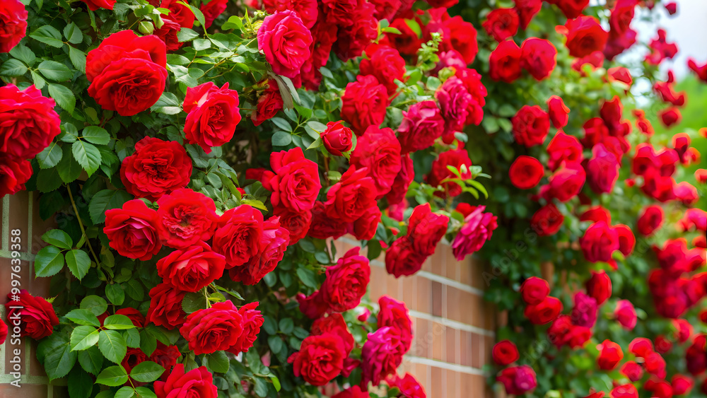 Vibrant red climbing rose bush in full bloom, blooming, garden, floral, nature, delicate, petals, outdoor Vibrant red climbing rose bush in full bloom, blooming, garden, floral, nature, delicate, petals, outdoor