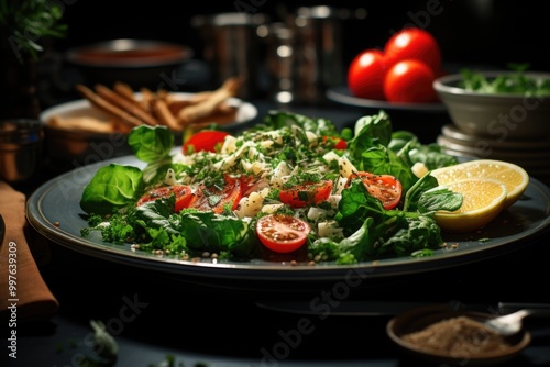 High plate angle with dietary diet and spinach, generative IA photo