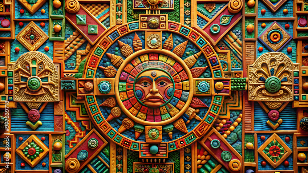 Mayan style wall art featuring intricate geometric patterns, symbols, and vibrant colors, Mayan, art, wall, ancient Mayan style wall art featuring intricate geometric patterns, symbols, and vibrant colors, Mayan, art, wall, ancient