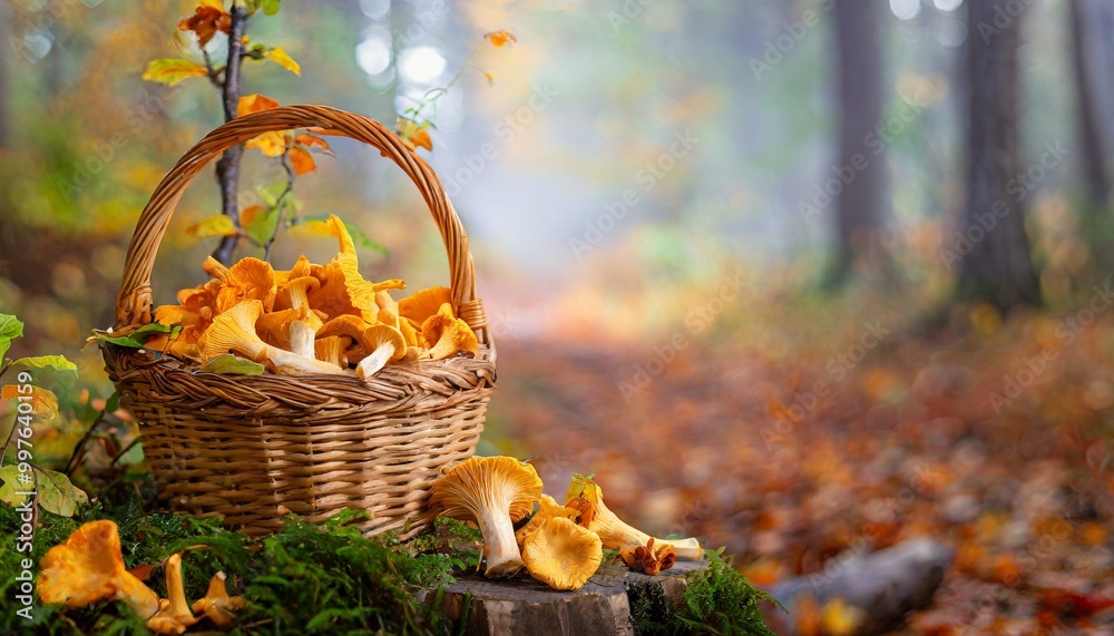 A captivating photoshoot of a medley of wild mushrooms arranged in a rustic basket, set against a slightly foggy fall forest backdrop, beautifully captured with a 50mm lens. A captivating photoshoot of a medley of wild mushrooms arranged in a rustic basket, set against a slightly foggy fall forest backdrop, beautifully captured with a 50mm lens.