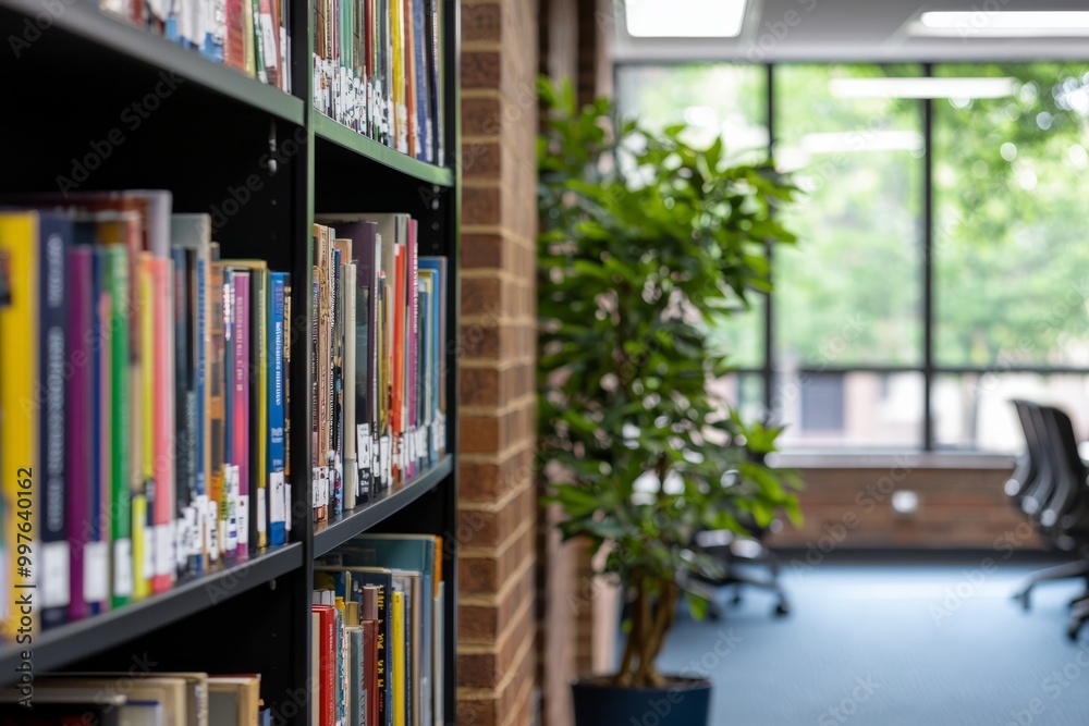 A wall of the office library showcasing new arrivals and staff picks, inviting employees to explore new titles, Generative AI A wall of the office library showcasing new arrivals and staff picks, inviting employees to explore new titles, Generative AI