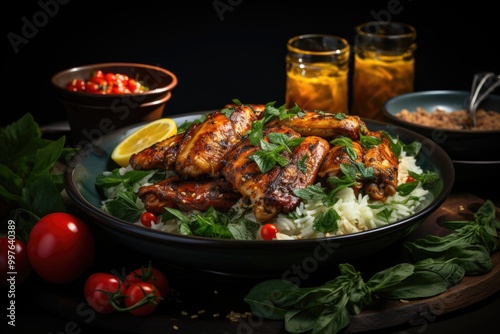 Spinach and chicken wing on a plate next to sliced ??pepper and a bowl of oil on, generative IA