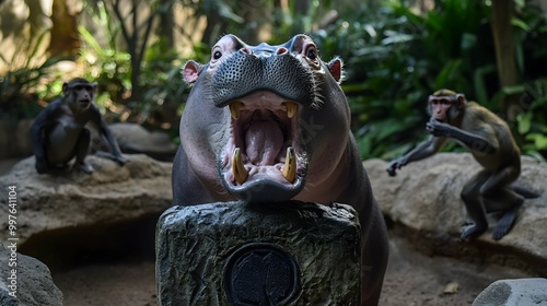 Angry Hippopotamus with Open Mouth at the Zoo. photo