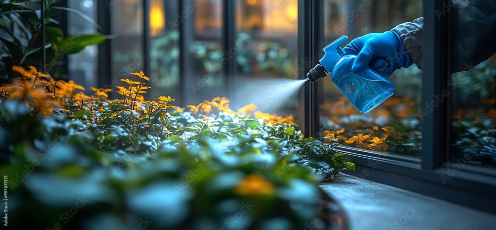 Person spraying plants with a blue bottle. Person spraying plants with a blue bottle.