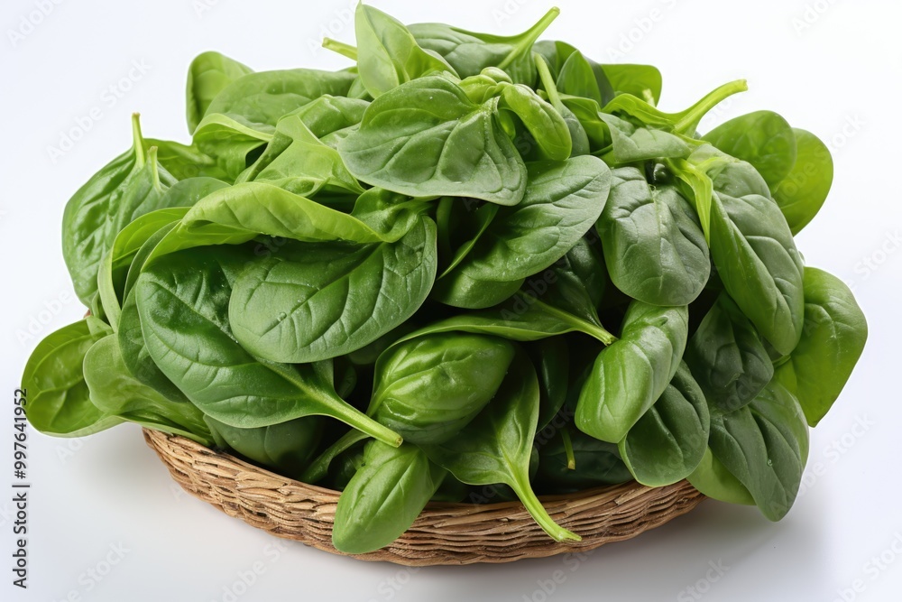 Spinach leaves isolated in white background selective focus, generative IA Spinach leaves isolated in white background selective focus, generative IA
