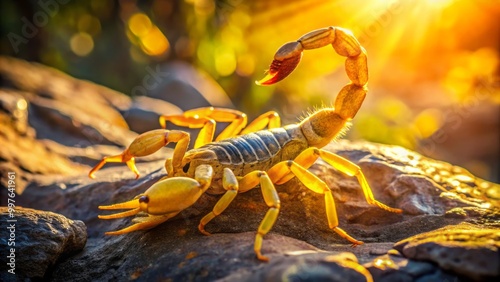 A vivid yellow scorpion scuttles over a rock in its natural habitat, basking under bright sunlight, casting intriguing photo