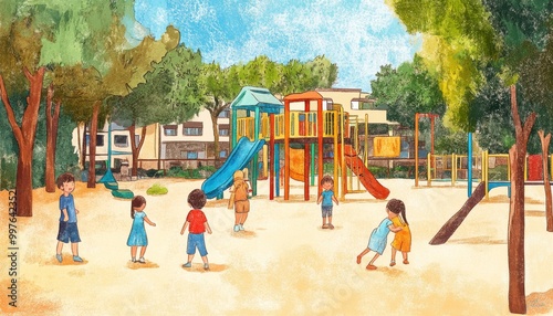 Wallpaper Mural Children playing in the illustration playground. Illustration using crayon texture style. Perfect for children's books, cover, websites, and more. Torontodigital.ca