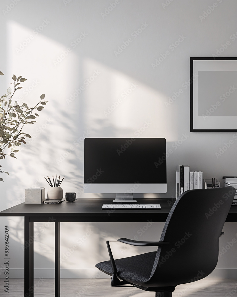 minimalist home office workspace with black desk and chair, white wall, computer and sunlight minimalist home office workspace with black desk and chair, white wall, computer and sunlight